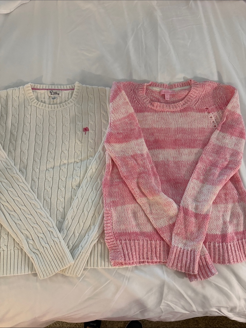 Lilly Pulitzer White Cable Knit Sweater & Pink Striped Crewneck Sweater